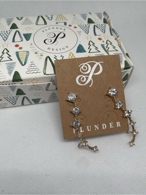 New in Box Plunder Beautiful  Gold Crystal Ear Climbers - Clear Stone Earrings